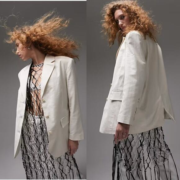 TopShop Linen Blend Single Breasted Blazer Oatmeal Size 12 NWOT $109 MSRP - Picture 1 of 7